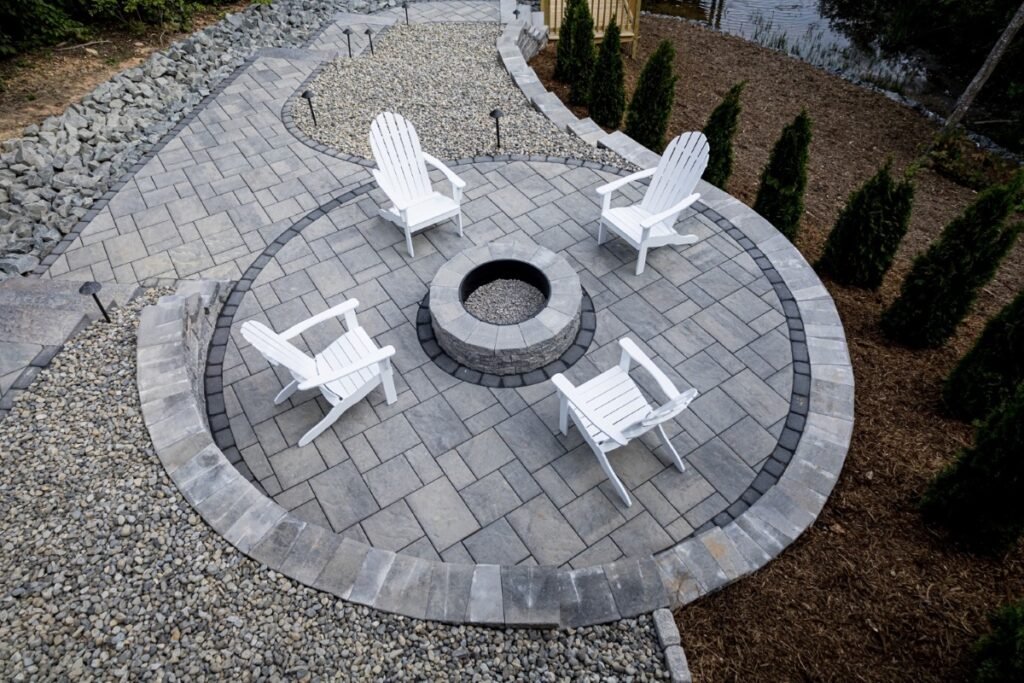 Custom paver patio and firepit installed by AQ Masonry LLC, showcasing expert hardscaping services in Connecticut