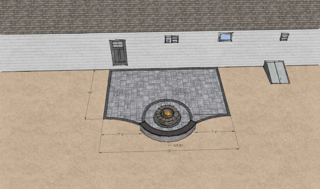 3D design of a paver patio with a fire pit bump-out
